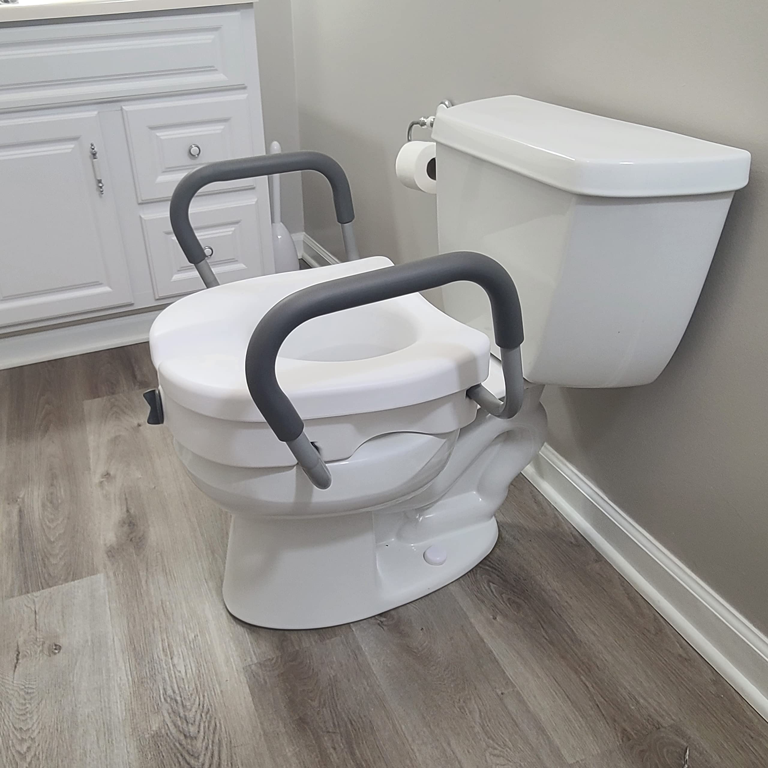 Carex EZ Lock Raised Toilet Seat with Handles, 5 Inch Elevated Handicap Toilet Seat Riser with Arms, Fits Most Toilets