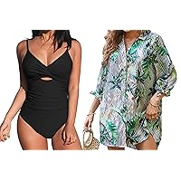 CUPSHE Women One Piece Swimsuit with Shirt Beach Cover Up Dress, S