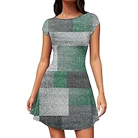 Summer Mini Dresses for Women 2024 Crewneck Cap Sleeve Going Out a Line Dress Flare Short Sleeve Stretchy Mini Basic Dresses Spring Sale 2024(4-Green,XX-Large)