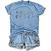Women's Vintage Flowers Shirt Boho Cottagecore Pastel Botanical Floral Printed T Shirt Wildflowers Graphic Tee Fall Tops