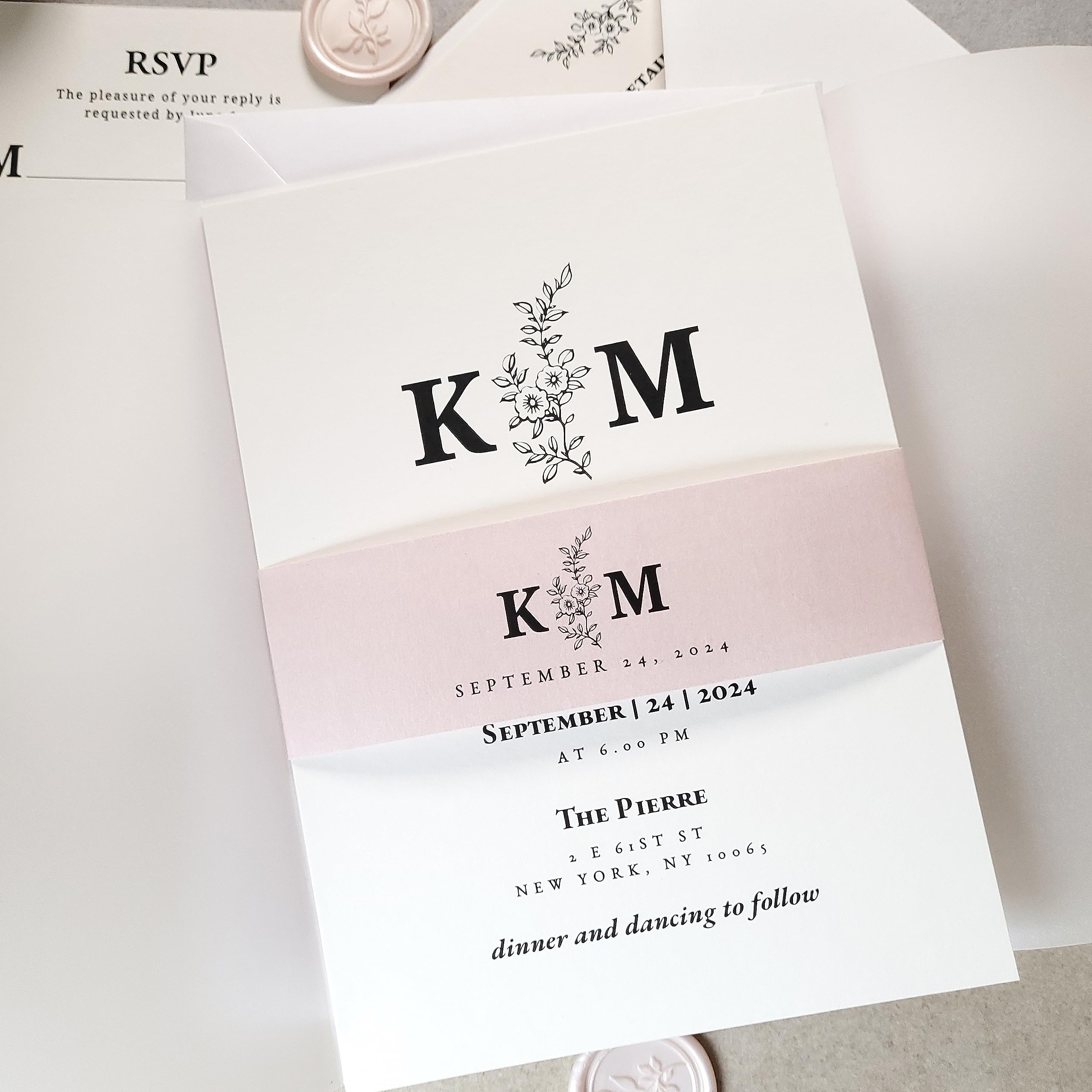 Set of 10 Modern 4x6 Wedding Invitations with RSVP Cards, Envelopes, Wedding Kit with Invites, Details card, QR Code Card, Belly Band, Response Cards, Vellum Wrap, Wax Seal (4