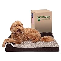 Furhaven Orthopedic Dog Bed for Large/Medium Dogs w/ Removable Bolsters & Washable Cover, For Dogs Up to 55 lbs - Two-Tone Plush Faux Fur & Suede L Shaped Chaise - Espresso, Large