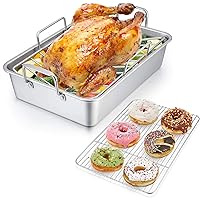 Roasting Pan with Rack, P&P CHEF 14 Inch Stainless Steel Roaster Lasagna Pan & V-shaped Rack & Roasting Rack, Non Toxic & Heavy Duty, Brushed Surface & Dishwasher Safe, Rectangular