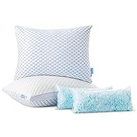 Shredded Memory Foam Pillow - Firm Side Sleeper Pillows, Premium Rayon Derived from Bamboo Cooling Pillow with Adjustable Loft and Washable Zipper Cover (White & Blue, Queen (Pack of 2))
