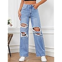 Jeans for Women Pants for Women Women's Jeans High Waist Ripped Straight Leg Jeans (Color : Light Wash, Size : 28)