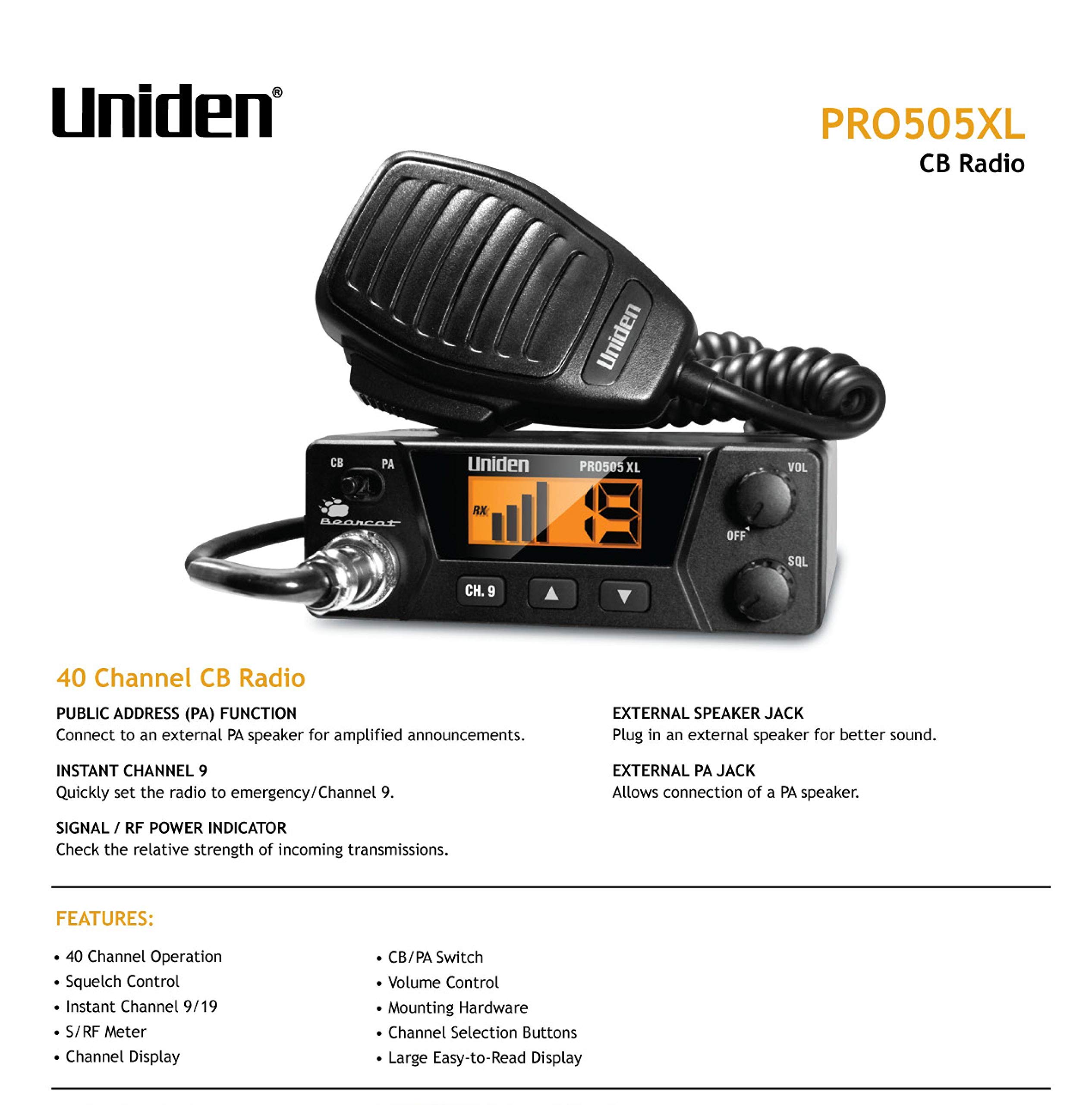 Uniden PRO401HH Professional Series 40 Channel Handheld CB Radio & PRO505XL 40-Channel CB Radio. Pro-Series, Compact Design. Public Address (PA) Function. Instant Emergency Channel 9. Black