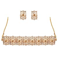 Indian Bollywood Gorgeous Intricate Workmanship Mughal White Colorful Rhinestone Crystal Wedding Designer Jewelry Choker Necklace Set in Gold and Silver Tone for Women.