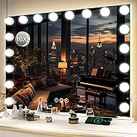 FENNIO Hollywood Vanity Mirror with Lights 32x24.5 Large Lighted Mirror Makeup Mirror with 18 Dimmable LED Bulbs and 10X Magnification 3Color Lighting USB Charging Port for Vanity Desk Tabletop