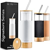 Premium 20oz Glass Tumbler Cup with Straw and Bamboo Lid & Base with Protective Silicone Sleeve - BPA Free - Growler Water Bottle Reusable Drinking Glasses Cup for Iced Tea, Coffee, Smoothie - White