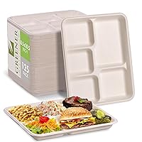 100% Compostable 5 Compartment Plates - Eco-Friendly and Disposable Sugarcane Trays 10.5 x 8.5 in. (125 Pack)