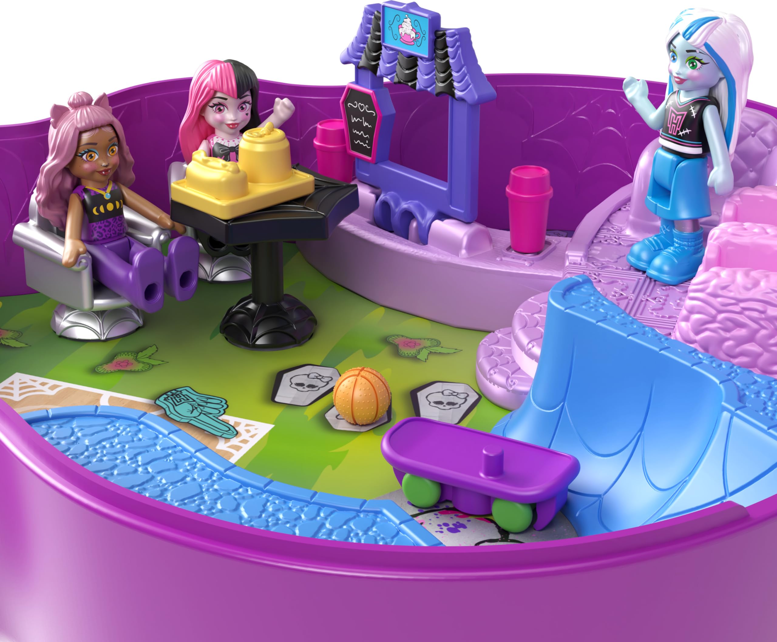 ​Polly Pocket Monster High Playset with 3 Micro Dolls & 10 Accessories, Opens to High School, Collectible Travel Toy with Storage