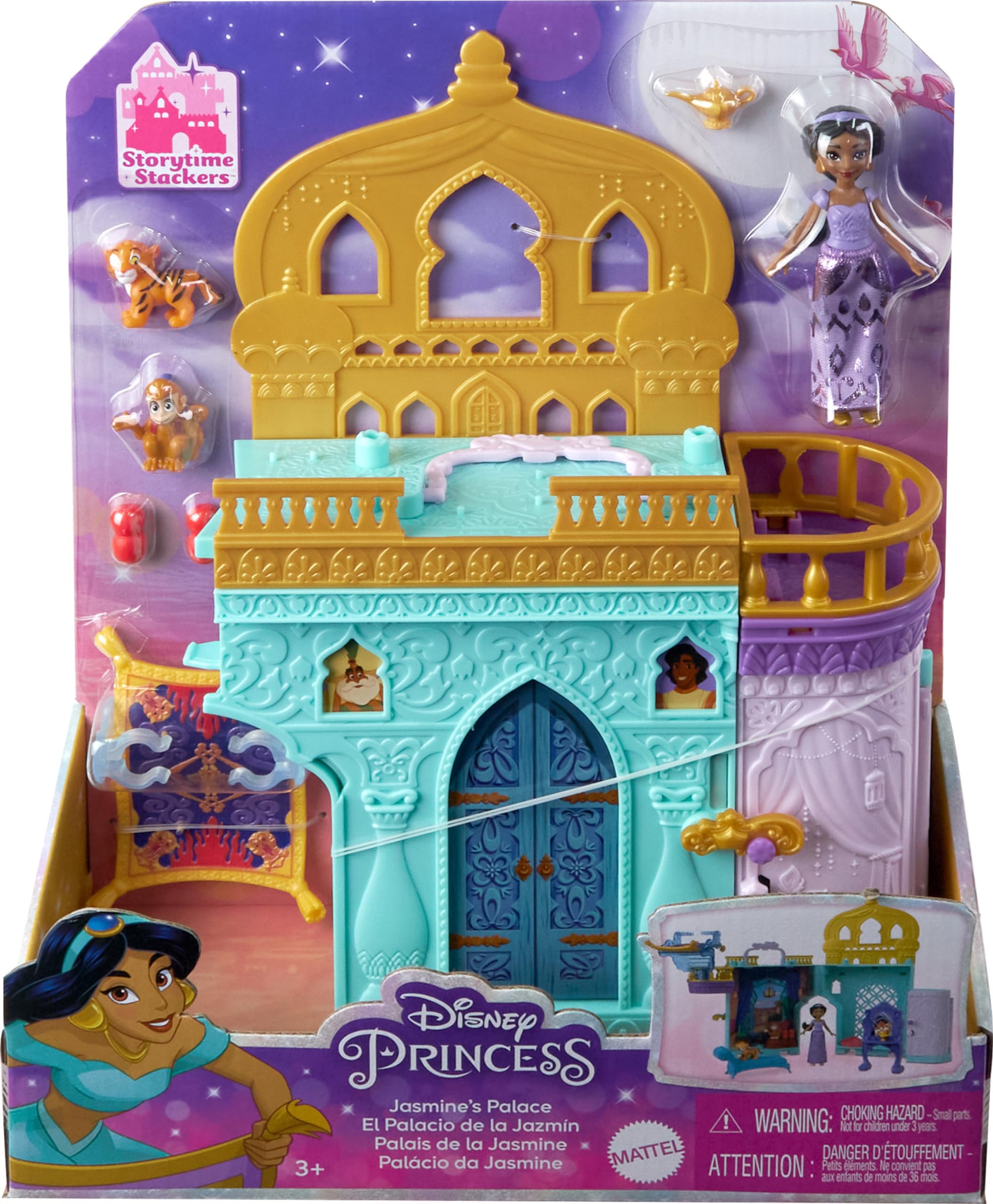 Mattel Disney Princess Jasmine Stackable Castle Doll House Playset with Small Doll, 2 Friends & 7 Pieces, Inspired by Disney Movie Aladdin