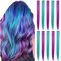 12 PCS Teal Hair Extensions Clip in, Colored Party Highlights Extension for Kids Girls Synthetic Hairpiece Straight 21 inch (Purple Teal)