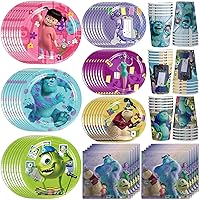 Monster Inc Birthday Party Supplies 120pcs Disposable Monster Inc Paper Plates and Napkins for Party Decorations Cups Tablecloth for Boys Girl Birthday Decor, Serve 30