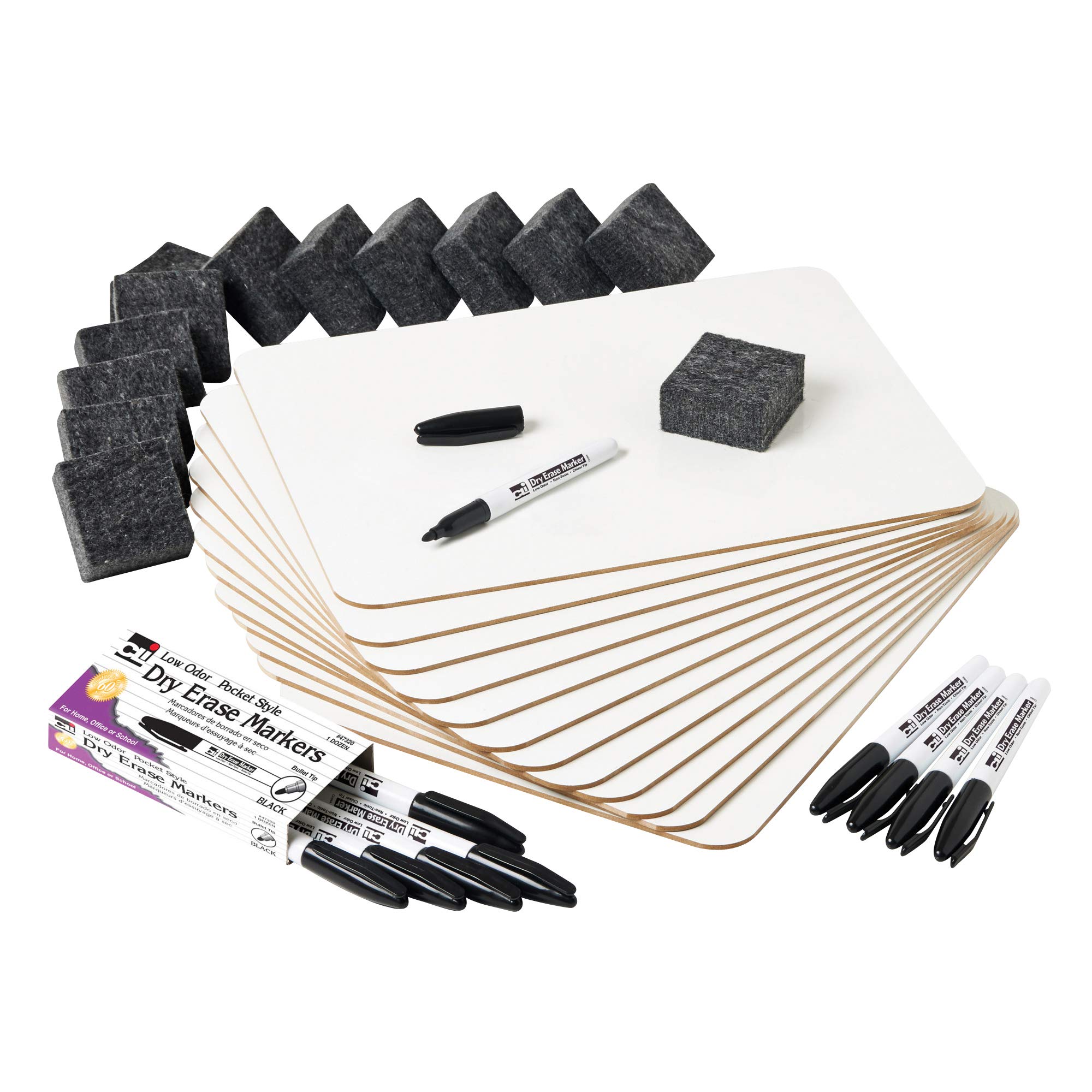 Charles Leonard Dry Erase Lapboard Class Pack, Includes 12 each of Whiteboards, 2 Inch Felt Erasers and Black Dry Erase Markers (35036)