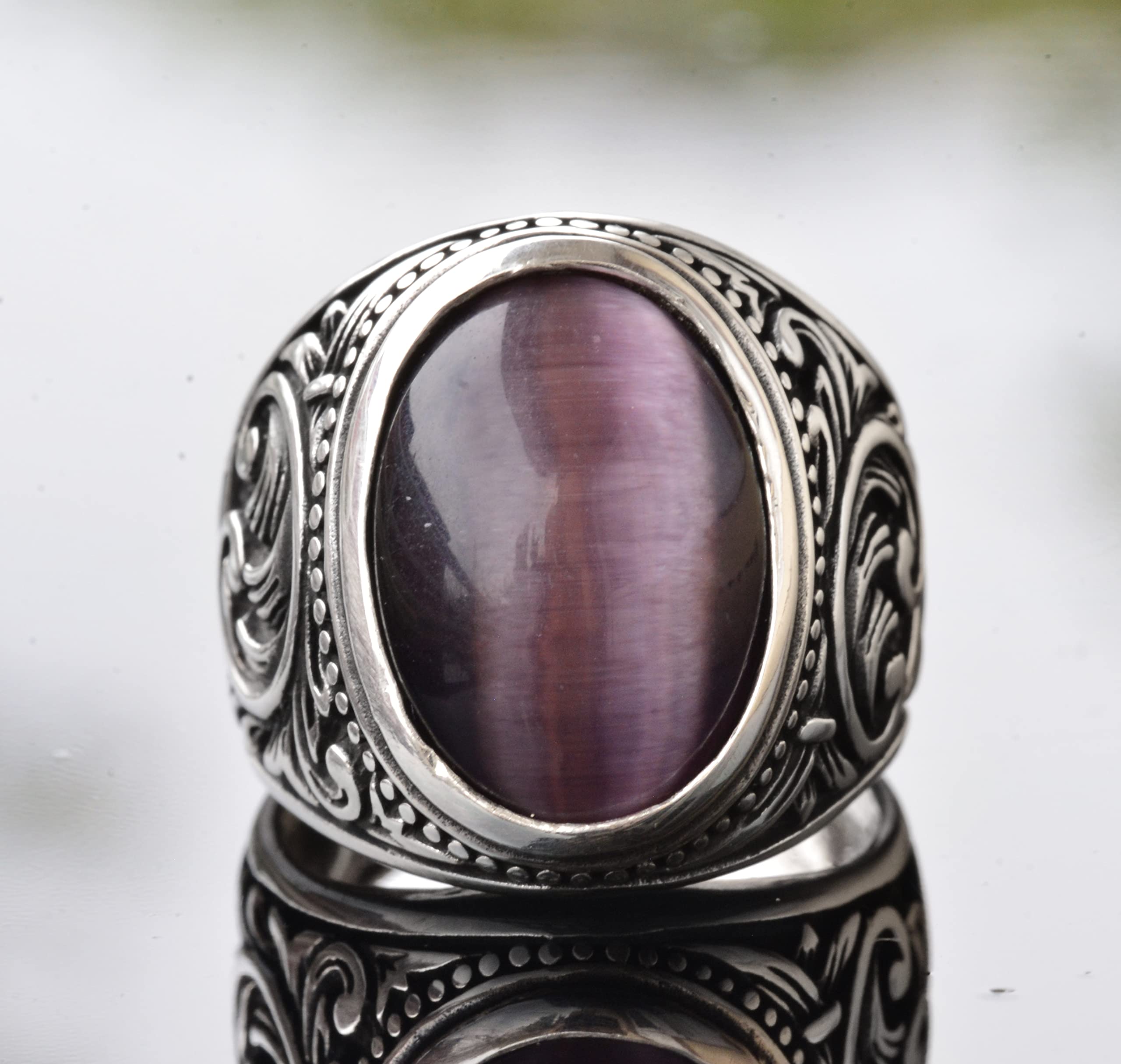 Genuine Real Natural Cats Eye Amethyst Gemstone Ring, 8.90 Carat, Sterling Silver Ring For Men, Men’s Ring Gemstone