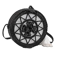 Handwoven Round rattan bag for Women Shoulder bags with tassels and leather strap (Black color White Tassel Large)