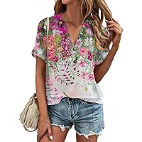 Summer Tops for Women 2024 Vacation Trendy Henley V Neck Boho Short Sleeve Shirts Casual Comfy Tunic Blouse Clothes