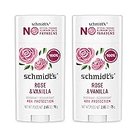 Schmidt's Aluminum-Free Vegan Deodorant Rose & Vanilla with 24 Hour Odor Protection 2 Count for Women and Men, Natural Ingredients, Cruelty-Free, 2.65 oz