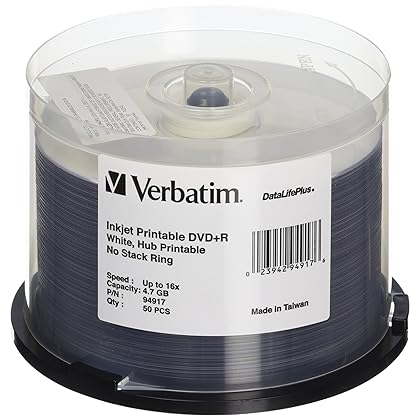 Verbatim DVD+R 4.7GB 16X DataLifePlus White Inkjet Printable, Hub Printable - 50pk Spindle - 94917, White
