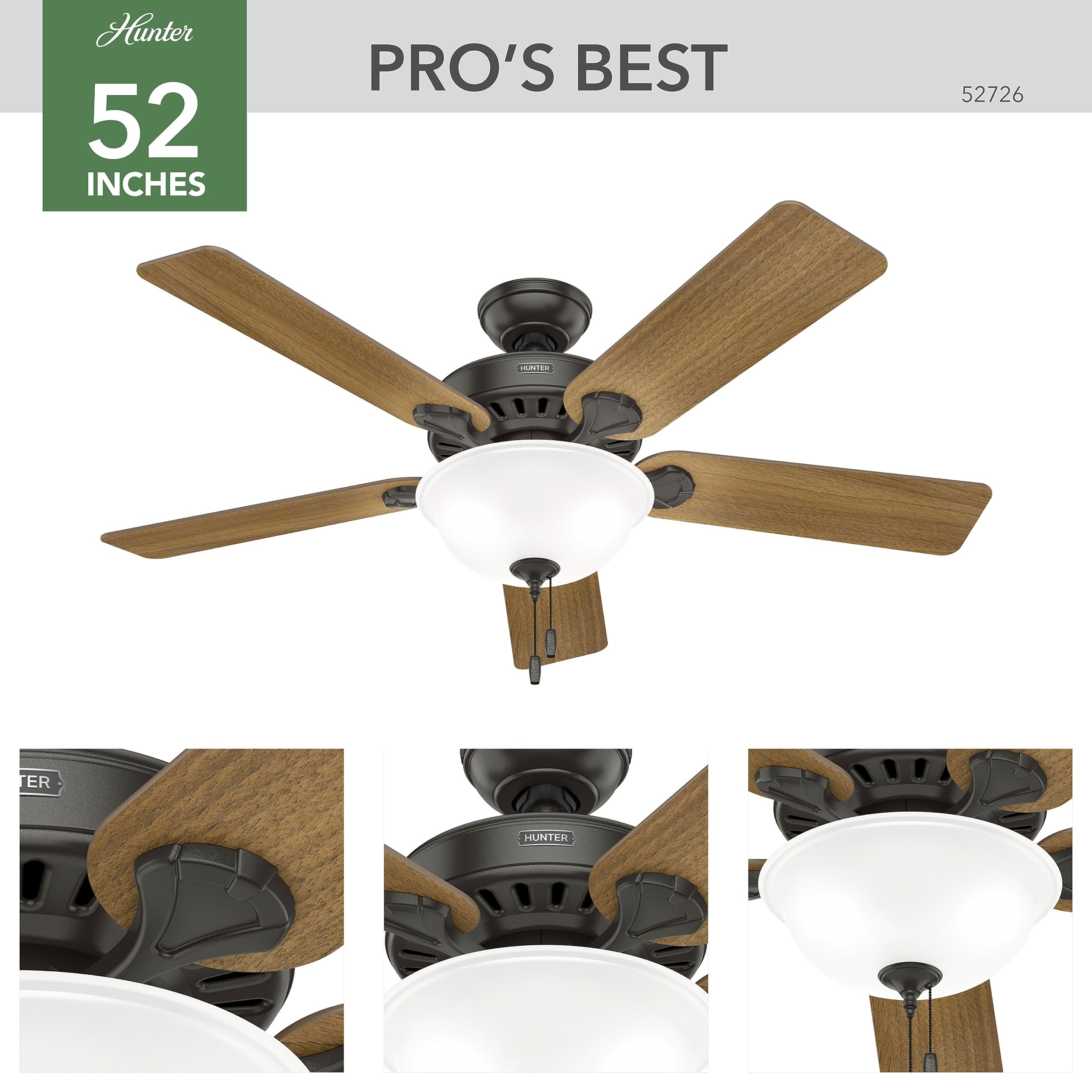 Hunter Fan Company, 52726, 52 inch Pro's Best Noble Bronze Ceiling Fan with LED Light Kit and Pull Chain