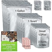 120pcs Mylar Bags for Food Storage with Oxygen Absorbers 300cc(90ea), 500cc(30ea), 9.5 Mil 1 Gallon, 1 Quart, 1/2 Pint Stand Up Zipper Resealable Bags & Heat Sealable Food Storage bags