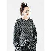 Sweatshirts for Women - Polka Dot Pattern Frill Trim Drop Shoulder Sweatshirt (Color : Gray, Size : Medium)