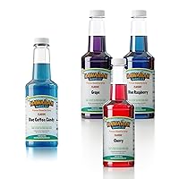 Syrup Assortment, 3-16oz Bottles of the Most Popular Flavors: Cherry, Grape, Blue Raspberry bundled with Blue Cotton Candy Syrup Pint