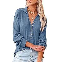 Women Solid color Large size Waffle Knit Long Sleeve Tunics Tops V Neck Loose Blouses Long-sleeved Shirts