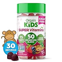 Orgain Kids Sugar Free Multivitamin Gummies, Vegan, 50 Superfoods, 15 Vitamins and Minerals, Immune Support and 3g of Fiber, Mixed Berry, Ages 4+, 1 Month Supply (60 Gummies)