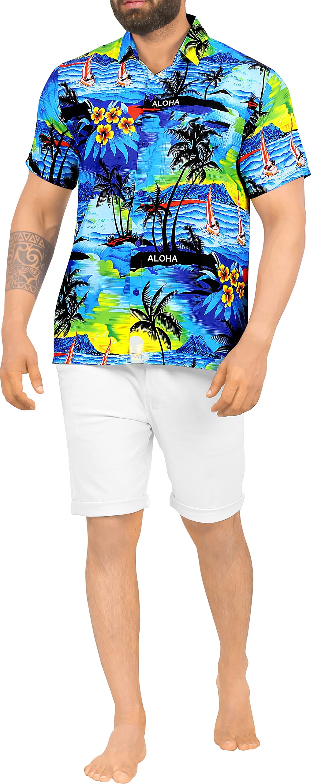 LA LEELA Men's Hawaiian Shirt Button Down Short Sleeve Caribbean Skull Pirate Shirts for Men