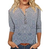 Womens 3/4 Length Sleeve Tops Casual Button Down 2024 Summer T Shirts Floral Loose Fit Three Quarter Length Sleeve Blouse