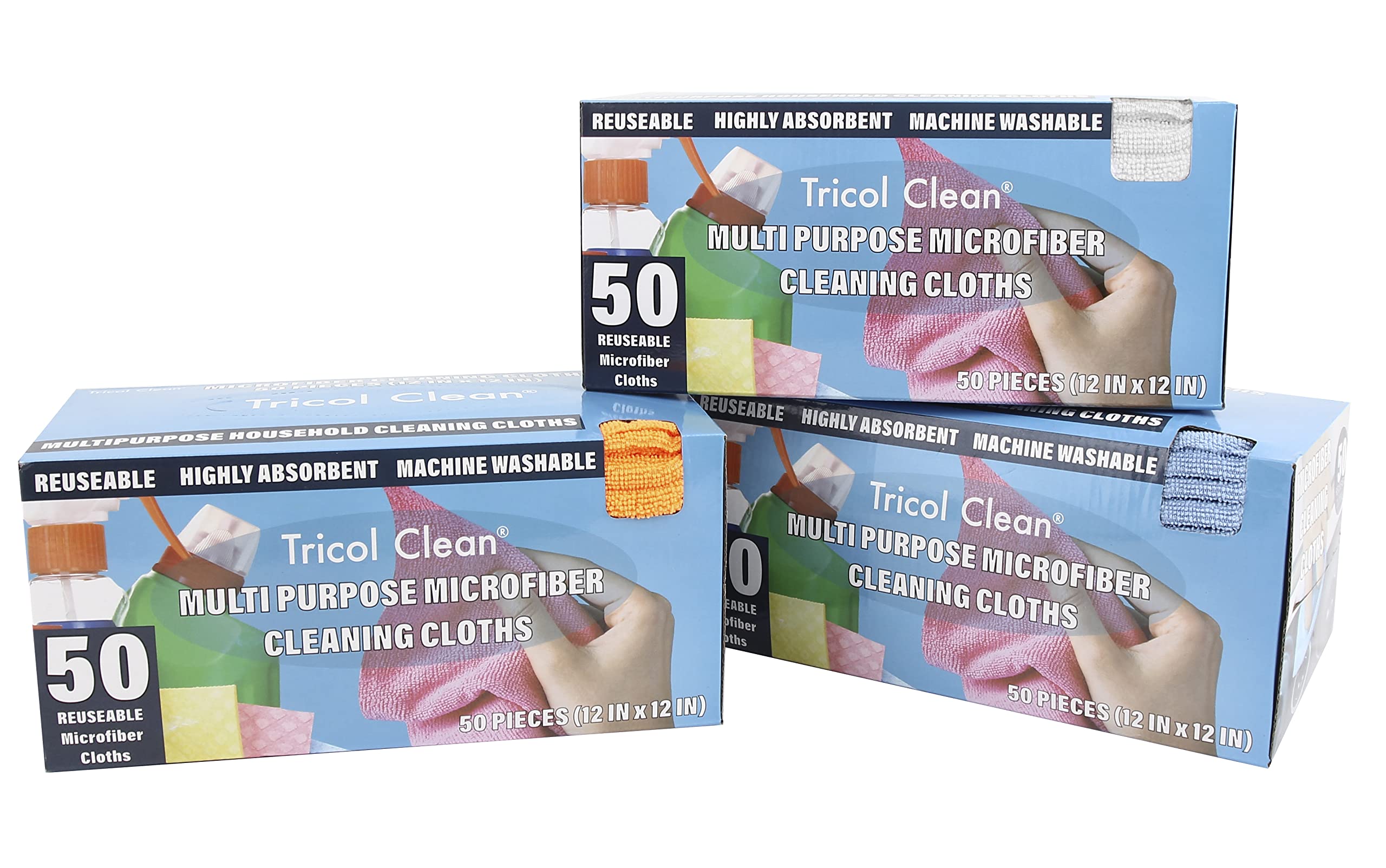 Tricol Clean Profesional Resuable Lint Free Microfiber Edgeless Cleaning Cloth Rag 50PK in Dispenser Box for Housekeeping, Car Cleaning (12 * 12 Inches), Orange
