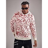 Sweaters for Men- Guys Cartoon & Letter Pattern Hooded Sweater (Color : Red and White, Size : X-Large)