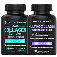 Vital Vitamins Multi Collagen Pills (150 ct) + Multi Collagen Plus Vitamin C, Biotin, Hyaluronic Acid (150 ct)