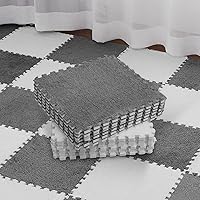 15 Pcs Plush Puzzle Foam Floor Mat Square Interlocking Carpet Tiles with Border Soft Fluffy Play Mat Flooring Climbing Area Rugs for Home Playroom Parlor Decor 11.8''(White, Gray)