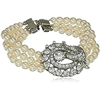 Ben-Amun Jewelry Women's Pearl & Crystal Deco Station Strand Bracelet for Bridal Wedding Anniversary, Silver, 6