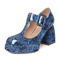 YODEKS Women's High Heels Square Toe Mary Jane Pumps Chunky Heel Platform Dress Shoes