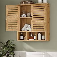 Bathroom Wall Storage Cabinet, Bamboo Medicine Cabinet with Doors and Adjustable Shelves, Bathroom Medicine Cabinet Wall Mount, Wall Mounted Over-The-Toilet Storage Cabinet