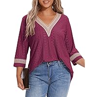 ZENNILO Womens Plus Size 3/4 Sleeve T Shirt Lace V Neck Color Block Dressy Tops Trendy Summer Hollow Casual Tops Blouse