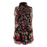 Women's Petite Ruffled Button Down Floral Blouse-BM-14P Black Multi