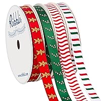 Ribbli Satin 4 Rolls Christmas Ribbon, Gingerbread Man and Candy Cane Ribbon Use for Christmas Craft,Gift Wrapping,Home Decor,3/8 Inches Total 40 Yards,Red/White/Green