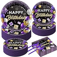 gisgfim 50 Guests Purple Birthday Plates and Napkins Purple and Black Happy Birthday Party Supplies Tableware Set Table Decorations for Women Girl Birthday Decoration Paper Plates Napkins Forks 200PCS
