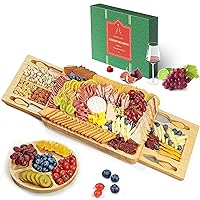 Bamboo Cheese Board Set with Marble, Large Charcuterie Boards and Knife Set, Cheese Platter with 2 Drawers, Include Round Fruit Cheese Platter, Meat and Cheese Cutting Board Housewarming Gift