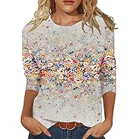 3/4 Sleeve Tops for Women Round Neck Floral Printed Plus Sized Summer T Shirts Casual Y2K Cute Blouse