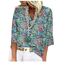 Womens Loose Beautiful Shirt Cute Beach Print Lightweight Fashion Shirts V Neck Regular 3/4 Sleeve Comfy Tunic Tops