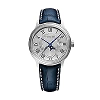 RAYMOND WEIL Maestro Men's Automatic Watch, Silver Dial Roman Numerals, Moon Phase, Blue Leather Strap 39.5 mm (Model: 2239-STC-00659)