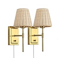 WINGBO Wall Sconce Rattan Wrapped Wall Lamp Set of 2, Wall Light Gold Light Fixture Vintage Bedside Light Wicker Handmade Shade Brass Reading Light Plug in or Hardwire Gold