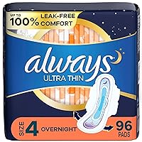 Always Ultra Thin Overnight Pads with Wings, Size 4, Overnight, 96 Count