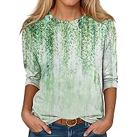 Womens Tops Crewneck 3/4 Sleeve Tops for Women Spring Fashion Print Shirts Loose Fit Three Quarter Length Sleeve Blouses Spring Tops for Women Xx-Large 12-Green